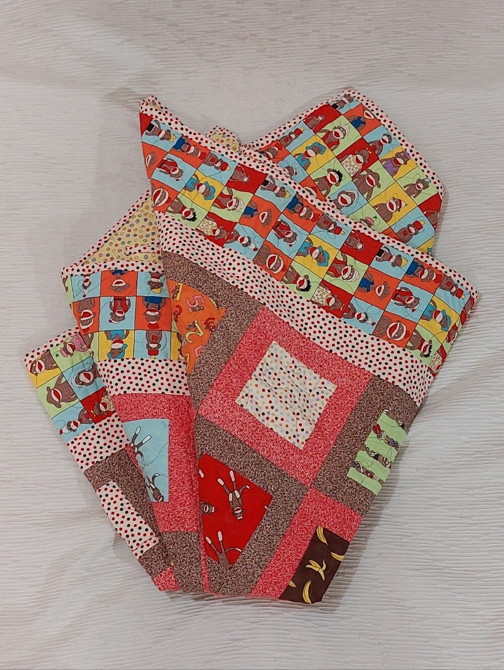 Sock Monkey Multicolor Patchwork Throw Blanket - Quilted Home Accent 49" Square
